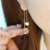 韩国进口正品代购耳饰耳环黑色花苞珍珠花朵气质时尚长款耳钉耳坠