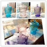 宫廷皇冠浮雕欧式玻璃杯带把办公室带盖水杯家用水晶彩色花茶杯子