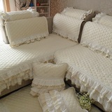 纯色沙发垫冬季加厚毛绒坐垫米白蕾丝裙摆沙发套高档欧式123组合
