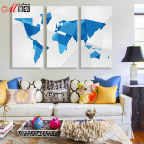 三联世界地图挂画客厅书房壁画公司大幅装饰画蓝色几何地图无框画