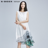 【促】s.deer圣迪奥女夏腰部垂褶绿意抽象涂鸦连衣裙S15281230