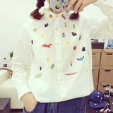 韩国ulzzang原宿童趣动物图案刺绣百搭长袖白衬衫森林系衬衣女