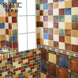 彩色厨房墙砖 美式卫生间瓷砖田园四格子仿古砖地中海防滑地砖300