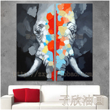 大象双联手绘油画客厅有框油画玄关走廊壁画抽象画餐厅动物挂画
