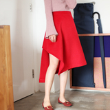 SCOUT 高腰廓形不规则设计双面手工长裙红色羊毛绒半身裙A字裙