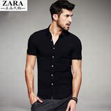 香港代购ZARA男装夏季男士短袖拼接衬衫修身纯色衬衣黑白男上衣潮