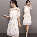 2016夏装新款韩版女装印花雪纺中长款连衣裙修身两件套衬衫中裙子