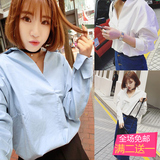 2016春装新款韩版v领长袖白衬衫女宽松打底外穿衬衣女上衣潮C060