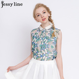 jessy line2016夏装新款 杰茜莱潮流印花拼接无袖衬衫 女休闲衬衣