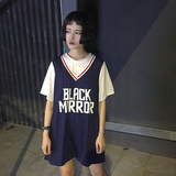 韩国ulzzang夏季女装宽松v领假两件中长款短袖背心T恤学生上衣潮