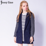 杰西莱jessy line2015秋冬新款 杰茜莱针织拼接中长款毛呢外套 女