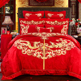 婚庆新婚多件套纯棉贡缎绣花龙凤十件套床单被套床盖四件套大红色