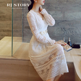 热嘉 2016夏装新款韩版修身显瘦性感V领中长款蕾丝长袖连衣裙女装