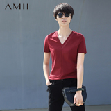 Amii[极简主义]2016春夏季V领纯色修身短袖T恤女装大码上衣打底衫