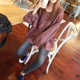 韩国进口东大门女装代购2016秋季宽松系带领拼接灯笼袖衬衫蕾丝衫