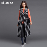 bello sz贝洛安2015冬装新款英伦黑白格子羊毛呢马夹女 长款马甲