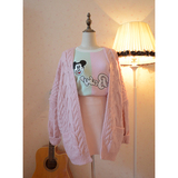 韩国代购粉色毛衣外套女韩版中长款大码麻花蝙蝠袖宽松针织开衫春