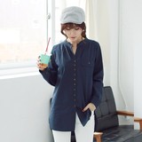 韩国代购2015APR新夏季女装大码宽松纯色排扣小口袋立领长袖衬衫