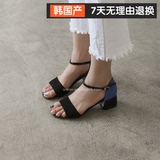 韩国代购女鞋16夏新款韩版优雅气质OL一字露趾粗跟搭扣中跟凉鞋女