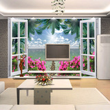 3D立体窗外风景大型壁画 田园沙发电视机背景假窗地中海风格墙纸