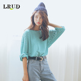 LRUD2016秋季韩版新款百搭圆领宽松细条纹长袖女简约T恤打底衫
