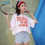 蜜妃儿女装夏装2016新款韩版字母印花后背个性镂空短袖t恤女短款