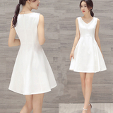 2016新款白色小清新连衣裙夏韩版修身显瘦无袖背心中长款小白裙