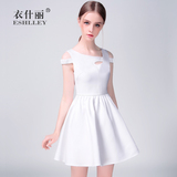 夏季女装新款不规则领连衣裙短裙 白色吊带露肩A字蓬蓬小礼服裙