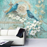 客厅电视背景墙壁纸 欧式手绘墙纸卧室鸟笼花卉大型壁画美式墙布