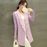 2016灰色拼接西装领新款外套女装春季长款韩版修身紫色毛呢子大衣