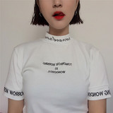 韩国ulzzang学院风原宿风小高领字母绣花修身短袖T恤女学生打底衫