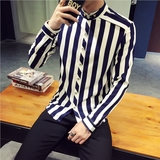 2016新款男士长袖衬衫韩版秋季修身竖条纹立领青少年衬衣大码男装