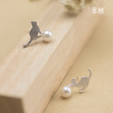 原创s925纯银耳钉女 可爱珍珠猫咪耳饰礼物 小动物银饰品防过敏