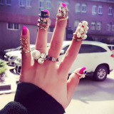 希贝玲新款韩国人造珍珠镶钻小猫咪气质个性关节指甲戒指女