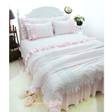 原创慕逸家纺粉色纯棉四件套纯色蕾丝全棉床上用品公主风床单被套