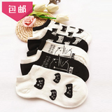 5双装女袜子纯棉短袜黑白船袜猫头猫咪可爱卡通小动物日系浅口袜