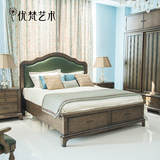 优梵艺术 Taylor美式实木床可储物双人大床1.8米靠背皮床卧室家具