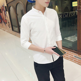 夏季男士亚麻七分袖衬衫男装白色韩版修身休闲青年棉麻衬衣衣服潮