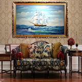 手绘中式家居装饰画 现代简约客厅大幅横版高档一帆风顺帆船油画