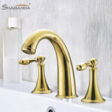shamanda欧式浴室镀金三件套面盆龙头冷热全铜台盆分体金色水龙头