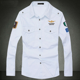 韩版纯棉长袖衬衫空军一号修身军旅衬衣青年个性男式衬衫军迷潮夏