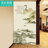 新中式水墨画墙布 江南山水风光竖幅壁画 玄关门厅背景墙纸壁纸