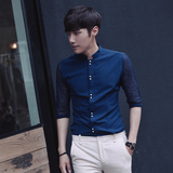 夏季韩版型男潮流发型师衬衫立领七分袖衬衫男士中袖青年修身衬衣