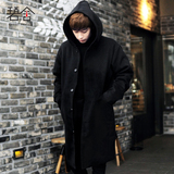 男士韩国外套冬季新款男士呢子大衣连帽中长款韩版单排扣青年宽松