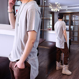 夏季韩版宽松款夜店男个前短后长短袖体恤半截袖发型师潮流T恤男