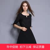 雪纺黑色连衣裙夏垂感修身显瘦A字型中长款纯色收腰裙圆领学生裙