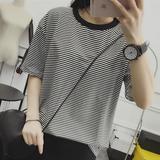 2016夏季韩版黑白中袖细条纹T恤女短袖大码宽松显瘦学生上衣潮