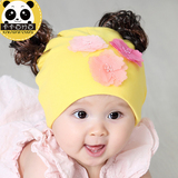 女宝宝帽子0-3个月纯棉新生儿帽 女童花朵公主假发帽春秋婴儿帽子