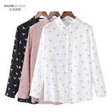 韩国2016春季新款女装韩版蜂鸟染印直筒长袖雪纺衬衫衬衫打底