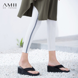 Amii女装旗舰店2016夏季新品条纹织带拼接弹力修身薄款九分打底裤